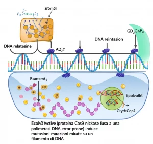 Illustrazione concettuale di EvolvR (proteina Cas9 nickase fusa a una polimerasi DNA error-prone) che induce mutazioni mirate su un filamento di DNA all'interno di una cellula umana stilizzata. Obiettivo prime 35mm, profondità di campo, colori vivaci ma realistici per evidenziare il processo molecolare.