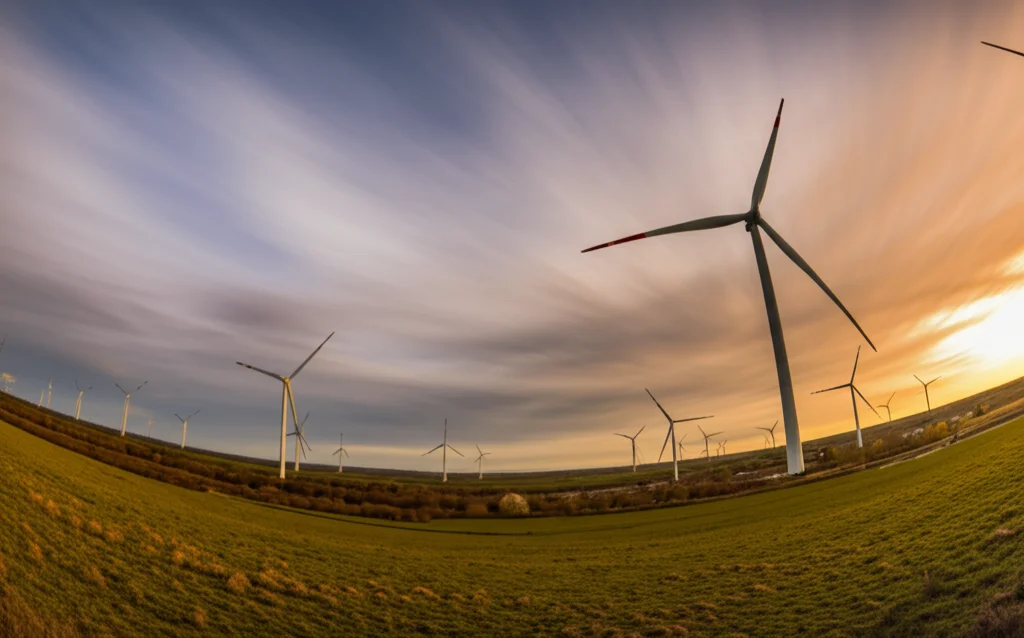 Immagine grandangolare di un paesaggio con turbine eoliche al tramonto, wide-angle 15mm, lunga esposizione per nuvole mosse, colori caldi e speranzosi, simboleggia le soluzioni e la speranza ('There's hope') nel contesto della comprensione delle verità chiave sul cambiamento climatico.