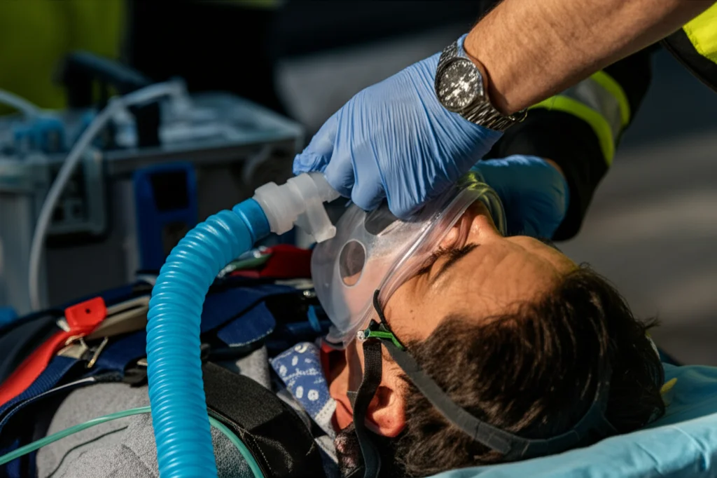 Paramedico HEMS che applica con due mani una maschera di ventilazione non invasiva (NIV) a un paziente su una barella in un ambiente esterno sfocato (es. scena di incidente stradale). Focus sulla maschera trasparente ben aderente al viso e sul tubo corrugato collegato a un ventilatore portatile visibile parzialmente. Obiettivo prime 35mm, profondità di campo ridotta, illuminazione naturale ma drammatica da scena d'emergenza.