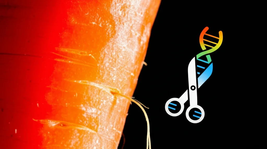 Primo piano macro di una radice di carota vibrante e arancione con accanto una rappresentazione stilizzata della doppia elica del DNA e delle forbici CRISPR, obiettivo macro 105mm, alta definizione, illuminazione da studio controllata per enfatizzare la texture della carota e i dettagli molecolari.