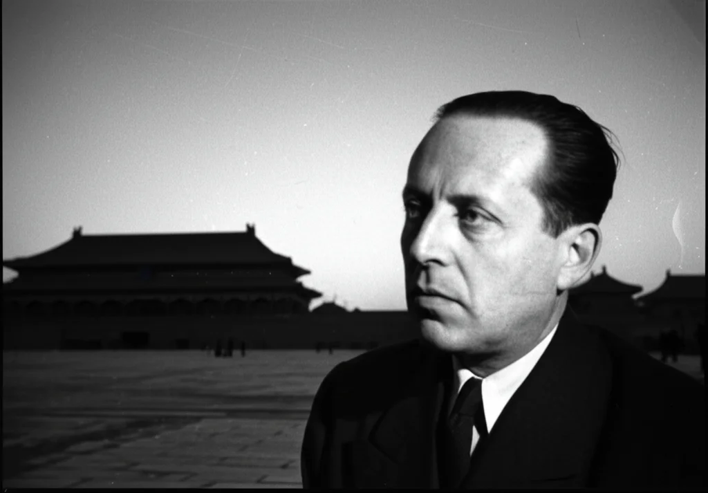 Ritratto fotografico in bianco e nero stile film noir di Max Weber, pensoso, sovrapposto a un'immagine suggestiva e leggermente sfocata della Città Proibita di Pechino al crepuscolo. Obiettivo 35mm, profondità di campo marcata, contrasto elevato, a simboleggiare l'incontro tra il pensiero occidentale di Weber e la complessità della civiltà cinese da lui analizzata.