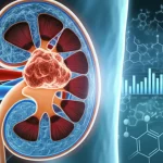 Immagine concettuale che rappresenta la ricerca sul carcinoma renale con trombo tumorale venoso. In primo piano, una visualizzazione 3D stilizzata di un rene con un tumore che invade la vena renale e la vena cava. Sullo sfondo, grafici di dati scientifici (angiogenesi, immunologia) e una rappresentazione astratta di molecole farmacologiche (inibitori tirosin-chinasici come axitinib). Obiettivo 35mm, profondità di campo, colori duotone blu e grigio scientifico, illuminazione controllata.