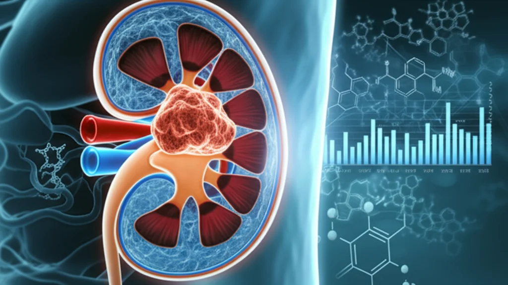 Immagine concettuale che rappresenta la ricerca sul carcinoma renale con trombo tumorale venoso. In primo piano, una visualizzazione 3D stilizzata di un rene con un tumore che invade la vena renale e la vena cava. Sullo sfondo, grafici di dati scientifici (angiogenesi, immunologia) e una rappresentazione astratta di molecole farmacologiche (inibitori tirosin-chinasici come axitinib). Obiettivo 35mm, profondità di campo, colori duotone blu e grigio scientifico, illuminazione controllata.