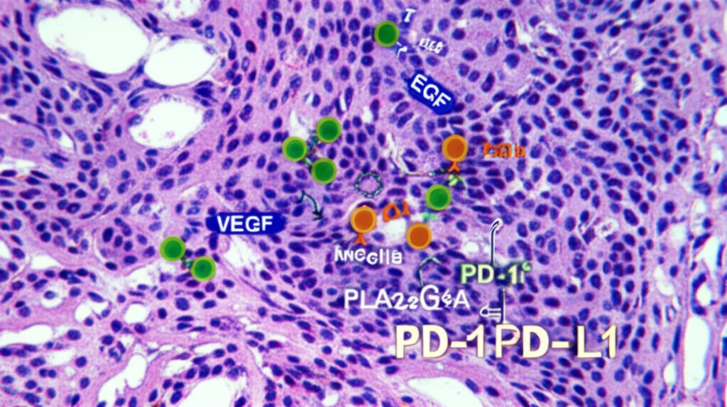 Immagine concettuale del microambiente tumorale del polmone con cellule immunitarie (T cells, B cells, macrofagi) che interagiscono con cellule tumorali e vasi sanguigni (cellule endoteliali), evidenziando i percorsi di segnalazione come VEGF e PD-1/PD-L1. Fotografia scientifica concettuale, obiettivo 50mm, profondità di campo media per mantenere a fuoco le interazioni chiave, colori realistici ma con enfasi grafica sui segnali molecolari VEGF e PLA2G4A.