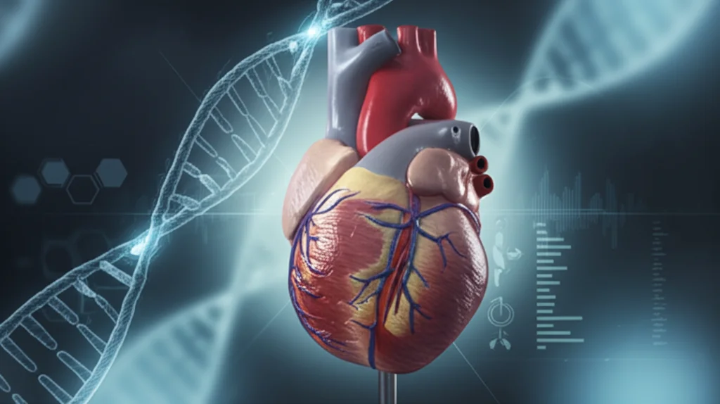 Immagine fotorealistica, obiettivo prime 35mm, effetto profondità di campo. Vista ravvicinata di un modello anatomico del cuore umano con linee luminose che rappresentano le arterie, sovrapposto a sottili grafiche di eliche di DNA. Illuminazione morbida, quasi clinica. Focus sulla connessione tra genetica e salute del cuore.