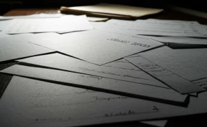 Primo piano di documenti accademici e brevetti sparsi su una scrivania scura, illuminati da una luce laterale drammatica, stile film noir, obiettivo 35mm, profondità di campo ridotta per enfatizzare la texture della carta e suggerire l'idea di manipolazione e segretezza nel mondo accademico.