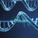 Rappresentazione fotorealistica di filamenti di DNA/RNA intrecciati che passano attraverso un nanoporo luminoso, con distinti segnali di codice a barre digitali emanati, che rappresentano la tecnologia WarpDemuX, obiettivo macro, 85mm, alto dettaglio, messa a fuoco precisa, illuminazione controllata.