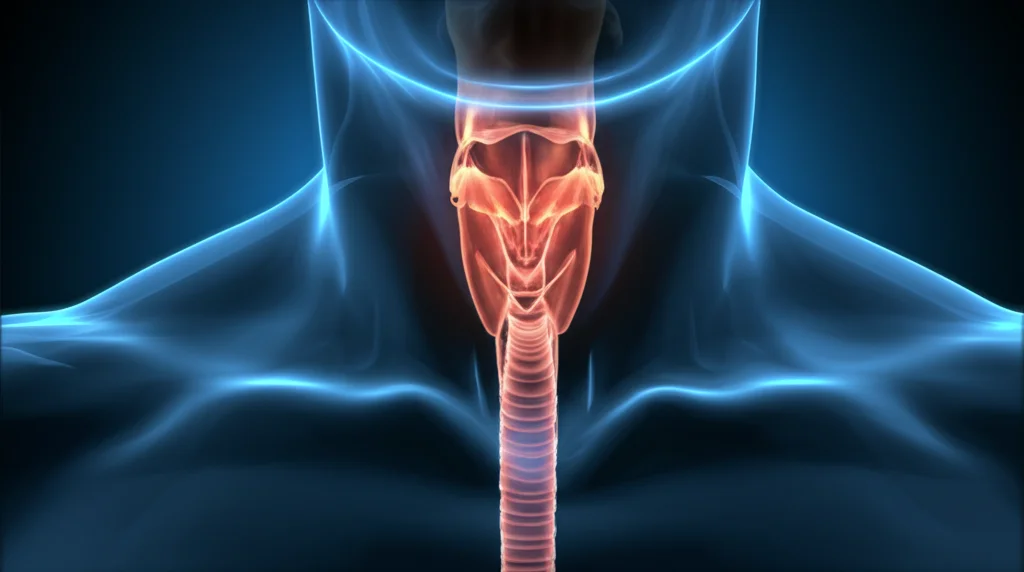 Visualizzazione 3D medica di una trachea umana con un corpo estraneo (perlina) vicino alla biforcazione bronchiale, evidenziando la sfida chirurgica. Illuminazione drammatica, alta definizione, stile fotorealistico medico.