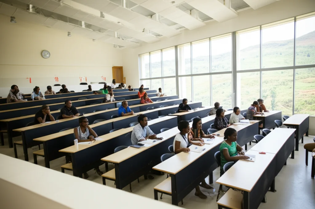 Fotografia grandangolare (10-24mm) di un'aula universitaria moderna e luminosa presso l'University of Global Health Equity in Ruanda. Studenti di medicina diversi per etnia e genere sono seduti a banchi disposti in modo collaborativo, alcuni ascoltano un docente fuori campo, altri discutono tra loro. La luce naturale entra da ampie finestre che si affacciano su un paesaggio verde collinare. Messa a fuoco nitida su tutta la scena, atmosfera di apprendimento attivo e speranza.