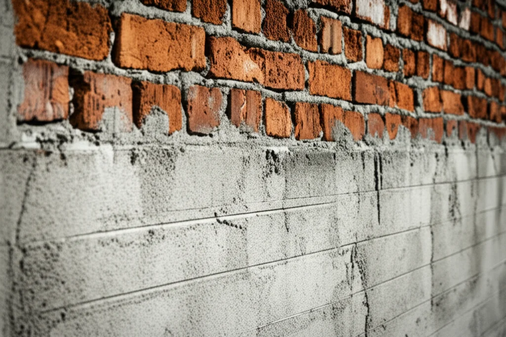 Fotografia grandangolare 24mm di un muro in mattoni storici parzialmente rinforzato con uno strato moderno di calcestruzzo UHPC grigio chiaro, mostrando il contrasto tra vecchio e nuovo, luce naturale drammatica, focus nitido su tutta la scena.