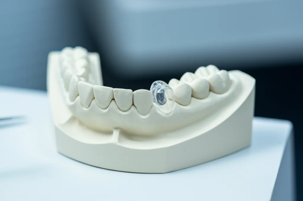Fotografia still life di una guida endodontica trasparente stampata in 3D, appoggiata su un modello dentale bianco in un laboratorio dentistico moderno. Obiettivo macro 100mm, illuminazione controllata e professionale, alta definizione dei dettagli della resina trasparente, messa a fuoco precisa sulla guida.