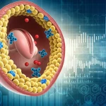 Illustrazione scientifica fotorealistica di un ovaio umano stilizzato che mostra un follicolo in via di sviluppo accelerato, con molecole di AARS2 (in blu) e lattato (sfere rosse) evidenziate che interagiscono con le cellule granulose (in giallo). Sfondo astratto bio-tecnologico con grafici di segnali molecolari, illuminazione drammatica, colori vivaci ma realistici, focus sui dettagli cellulari, stile da copertina di rivista scientifica, lente prime 35mm.