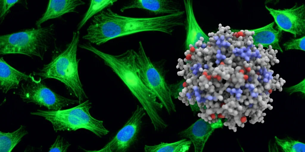 Immagine artistica e scientifica che mostra fibroblasti in coltura con goccioline lipidiche fluorescenti (verdi) e mitocondri allungati (rossi) sotto un microscopio. In sovrimpressione, la struttura 3D della proteina ABHD5. Prime lens, 35mm, depth of field, duotone blu e verde, alta risoluzione, illuminazione drammatica.