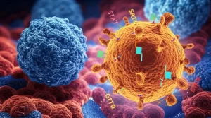 Immagine concettuale fotorealistica che mostra un modello 3D stilizzato del virus del vaiolo delle scimmie (MPXV) sovrapposto a una micrografia di tessuto renale affetto da nefrite lupica, con evidenziate graficamente le molecole dei biomarcatori STAT1, ORC2, GTF2B. Illuminazione drammatica, profondità di campo, colori contrastanti (blu freddo per il rene, arancione caldo per il virus/biomarcatori), prime lens 35mm.