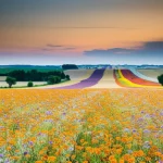 Paesaggio agricolo tedesco al tramonto, campi coltivati intervallati da strisce fiorite colorate e siepi, simbolo degli strumenti basati sul mercato per la biodiversità, obiettivo grandangolare 18mm, lunga esposizione per nuvole soffuse, messa a fuoco nitida, colori caldi.