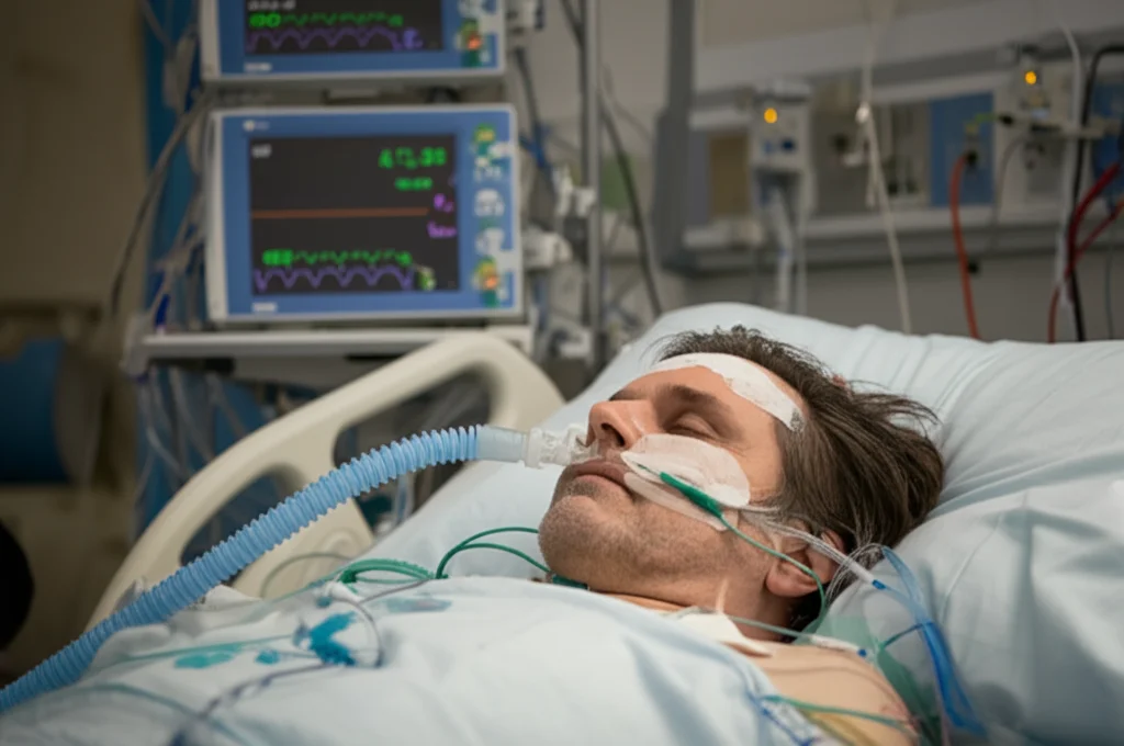 Paziente intubato in un letto di terapia intensiva, collegato a un ventilatore meccanico visibile sullo sfondo. Focus sul volto parzialmente visibile del paziente e sui tubi. Atmosfera clinica ma con un senso di cura intensiva. Illuminazione soffusa, effetto 'depth of field' per isolare il soggetto. Lente prime 50mm.