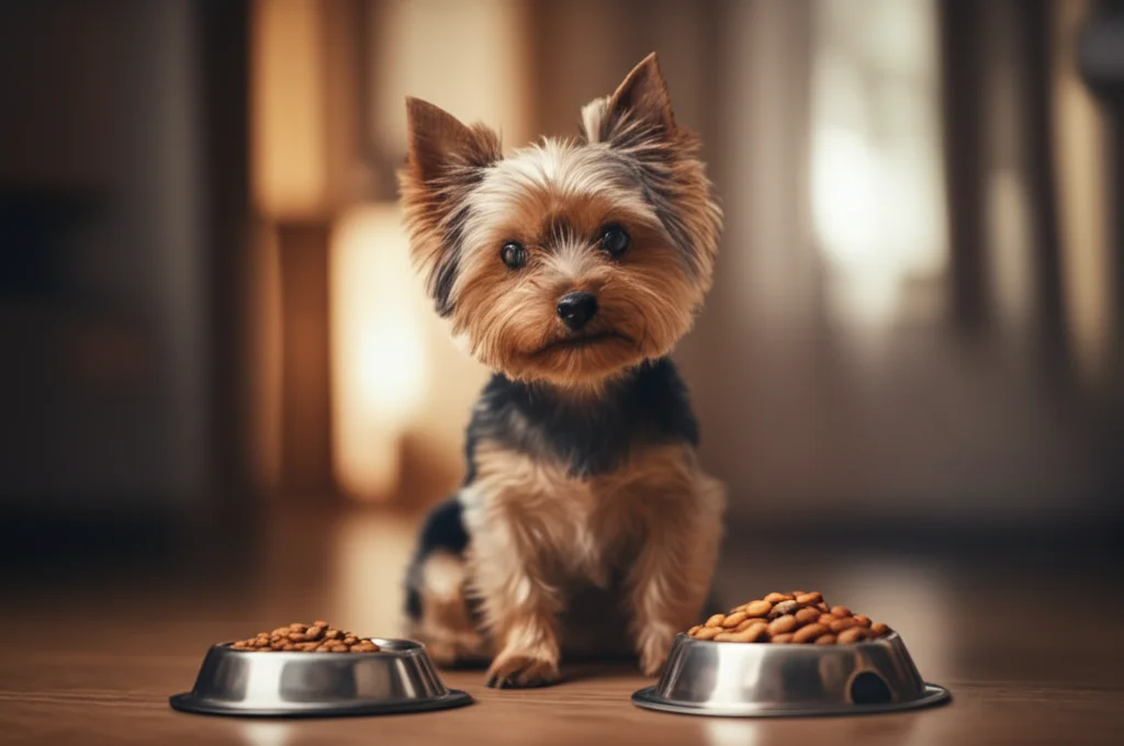 Un simpatico Yorkshire Terrier seduto tra una ciotola di cibo secco e una di cibo umido, guardando verso l'obiettivo con aria interrogativa. Prime lens 35mm, depth of field che sfoca leggermente lo sfondo, luce calda da studio, focus sugli occhi espressivi del cane e sulle diverse texture del cibo.