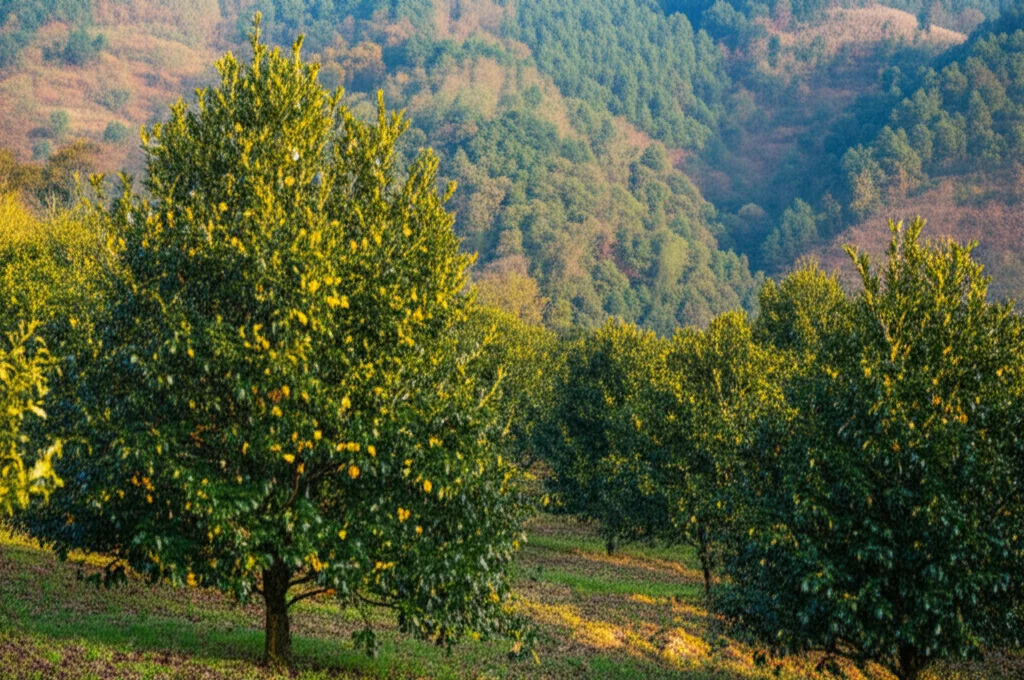 Fotografia paesaggistica di una piantagione di Camellia oleifera in una regione collinare della provincia cinese del Sichuan, alberi sani e rigogliosi in primo piano con alcuni che mostrano segni iniziali di malattia fogliare (macchie gialle/marroni), luce dorata del tardo pomeriggio che illumina le colline sullo sfondo, obiettivo grandangolare 24mm, messa a fuoco nitida su tutta la scena, colori vividi e naturali.