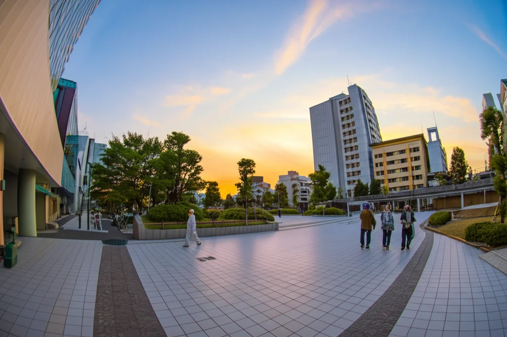 Fotografia panoramica di una città giapponese moderna e vivace al tramonto, che mostra un mix armonioso di edifici accessibili, spazi verdi curati e persone anziane che passeggiano serenamente o interagiscono socialmente. Obiettivo grandangolare 18mm, lunga esposizione per catturare le luci della città, messa a fuoco nitida sull'intera scena.