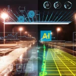 Fotografia ultra-realistica di una strada asfaltata di notte vista dal cruscotto di un'auto a guida autonoma. Metà strada è asciutta, l'altra metà è bagnata con riflessi dei lampioni. Un overlay grafico high-tech mostra l'IA che identifica correttamente le due condizioni. Obiettivo prime 35mm, profondità di campo, illuminazione notturna controllata.