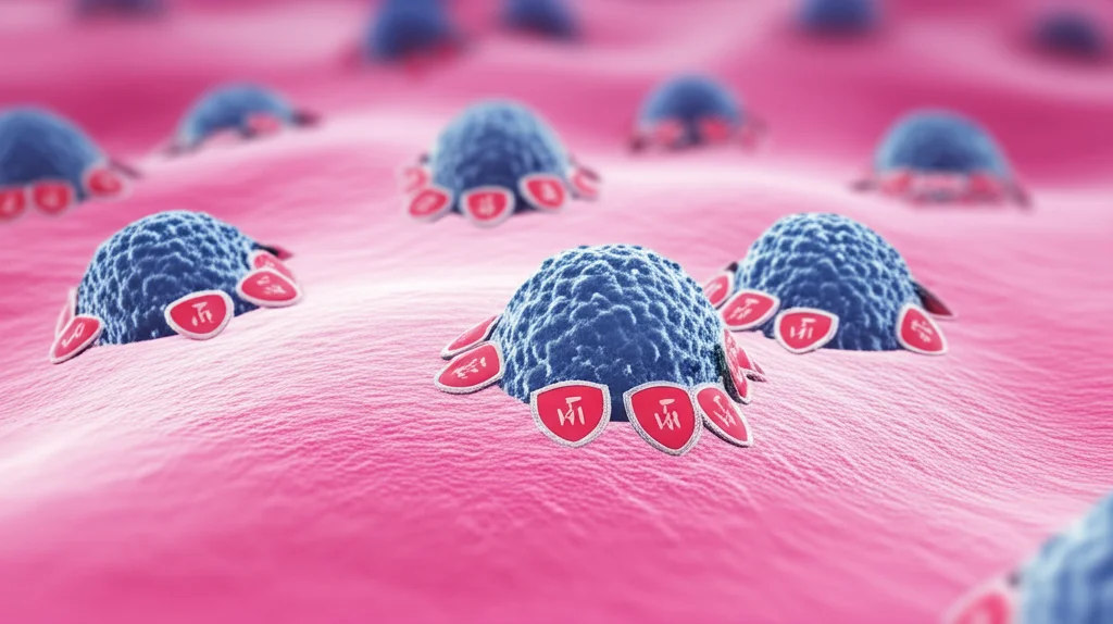 Immagine concettuale di una cellula di carcinoma gastrico AFPGC (rosa) che si difende dall'attacco di cellule immunitarie (blu) utilizzando molecole HLA-G (scudi rossi) e mostrando una riduzione di HLA-I (fessure vuote sulla superficie). Prime lens, 35mm, depth of field, duotone rosa e blu per un effetto scientifico ma suggestivo.