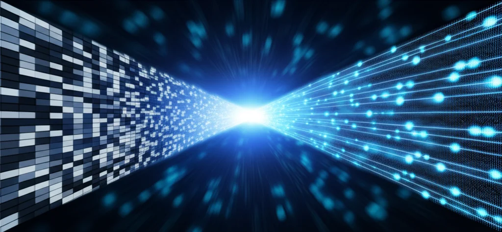 Immagine concettuale fotorealistica di due flussi video che si fondono: uno a sinistra mostra pixel grandi e pochi frame (HSLF), uno a destra pixel piccoli e tanti frame (LSHF). Al centro convergono tramite linee luminose di dati verso un unico schermo che mostra un video HSTR nitido e fluido. Obiettivo 50mm, profondità di campo, illuminazione drammatica high-tech.