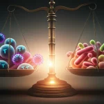 Immagine concettuale fotorealistica: una bilancia antica in equilibrio precario. Su un piatto, cellule immunitarie stilizzate (linfociti T) che combattono particelle virali (simbolo di immunità potenziata). Sull'altro piatto, un modello 3D di tessuto intestinale infiammato e arrossato (simbolo di patologia aggravata). Al centro, sotto il fulcro della bilancia, una rappresentazione artistica e luminosa del microbioma intestinale con diversi batteri. Illuminazione drammatica con forti contrasti, obiettivo 50mm, profondità di campo media che mette a fuoco la bilancia e sfoca leggermente lo sfondo scuro.