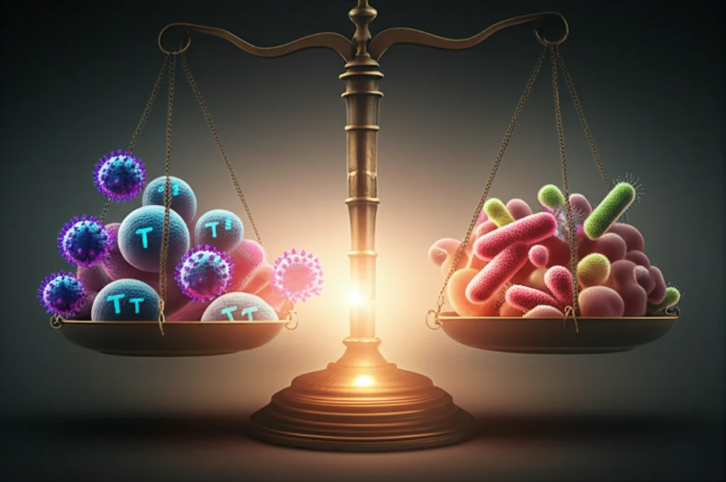 Immagine concettuale fotorealistica: una bilancia antica in equilibrio precario. Su un piatto, cellule immunitarie stilizzate (linfociti T) che combattono particelle virali (simbolo di immunità potenziata). Sull'altro piatto, un modello 3D di tessuto intestinale infiammato e arrossato (simbolo di patologia aggravata). Al centro, sotto il fulcro della bilancia, una rappresentazione artistica e luminosa del microbioma intestinale con diversi batteri. Illuminazione drammatica con forti contrasti, obiettivo 50mm, profondità di campo media che mette a fuoco la bilancia e sfoca leggermente lo sfondo scuro.