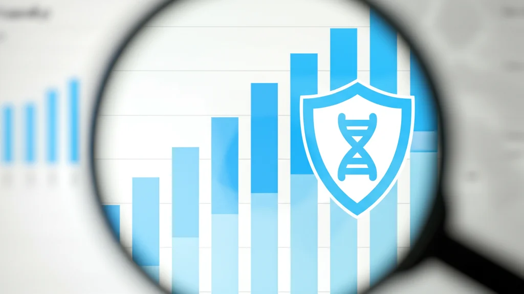 Immagine concettuale fotorealistica: una lente d'ingrandimento macro (obiettivo 60mm) focalizzata su un grafico a barre stilizzato che rappresenta dati di sicurezza dei vaccini, con un simbolo stilizzato del sistema immunitario (DNA e scudo) sovrapposto. Illuminazione da studio controllata, alta definizione, sfondo neutro.