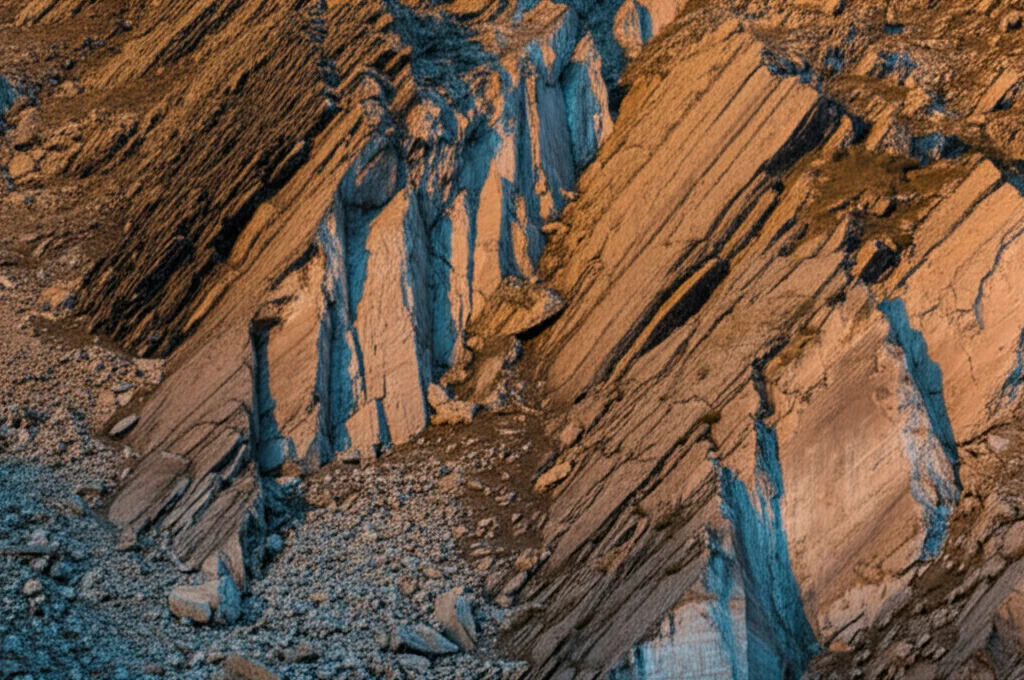Immagine drammatica di un pendio roccioso con evidenti segni di instabilità e stratificazione anisotropa, ripresa con obiettivo grandangolare 18mm, luce radente dell'alba per enfatizzare le crepe e la texture della roccia, messa a fuoco nitida, possibile frana imminente.