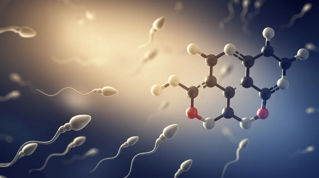 Immagine fotorealistica, obiettivo prime 35mm, che raffigura una composizione artistica con molecole di testosterone stilizzate che fluttuano vicino a spermatozoi vibranti e sani, il tutto avvolto da una luce calda e dorata che simboleggia l'effetto benefico del butirrato di sodio. Profondità di campo ridotta per focalizzare l'attenzione sugli elementi centrali, toni duotone blu e oro per un effetto elegante e scientifico.