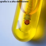 Macro fotografia ad alta definizione di una larva di Galleria mellonella accanto a una provetta contenente emolinfa giallastra, 100mm Macro lens, illuminazione da laboratorio controllata, focus preciso sull'emolinfa.