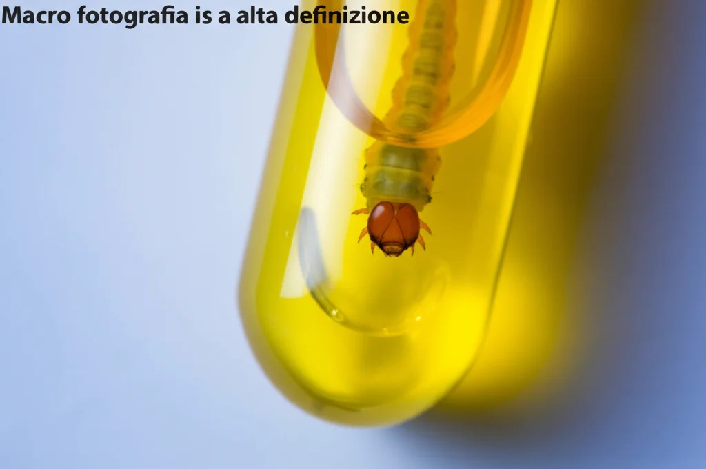 Macro fotografia ad alta definizione di una larva di Galleria mellonella accanto a una provetta contenente emolinfa giallastra, 100mm Macro lens, illuminazione da laboratorio controllata, focus preciso sull'emolinfa.