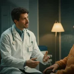 Medico sorridente che parla con un paziente anziano in una stanza di consultazione luminosa, trasmettendo speranza e supporto per la terapia del mieloma multiplo, fotografia ritratto 35mm, toni caldi, profondità di campo.