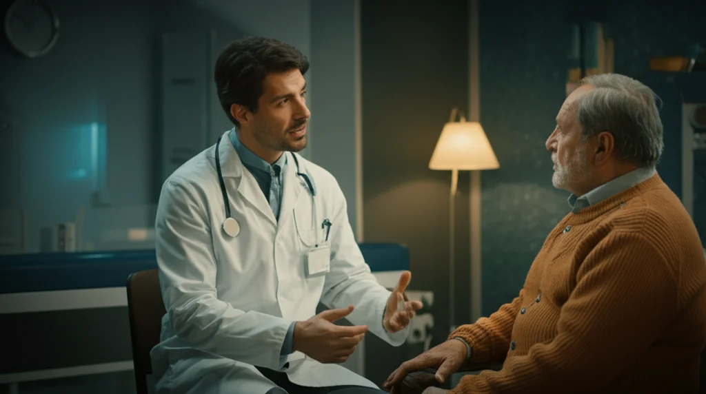 Medico sorridente che parla con un paziente anziano in una stanza di consultazione luminosa, trasmettendo speranza e supporto per la terapia del mieloma multiplo, fotografia ritratto 35mm, toni caldi, profondità di campo.