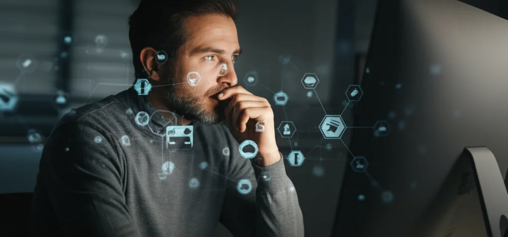 Ritratto fotografico di un adulto pensieroso davanti a uno schermo luminoso di un computer, con simboli astratti di connessioni neurali e icone social media sovrapposti leggermente in trasparenza. 35mm portrait, depth of field, stile film noir con illuminazione drammatica.