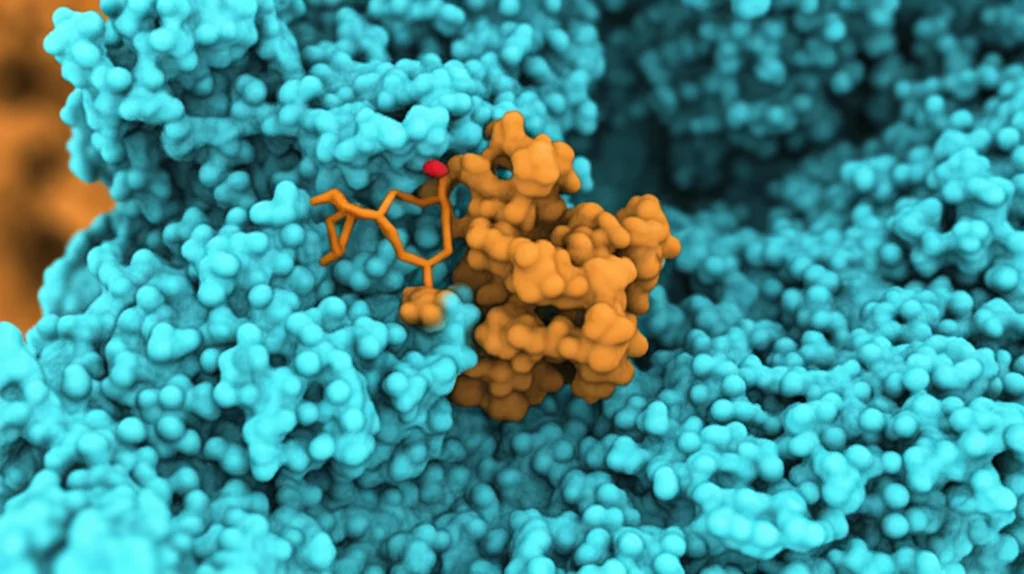 Visualizzazione 3D fotorealistica di un peptide inibitore (Pep16, struttura a nastro arancione) che si lega strettamente al sito attivo dell'enzima ACSS2 (superficie molecolare ciano), all'interno di un ambiente cellulare simulato. Macro lens, 90mm, high detail, precise focusing, controlled lighting, depth of field.