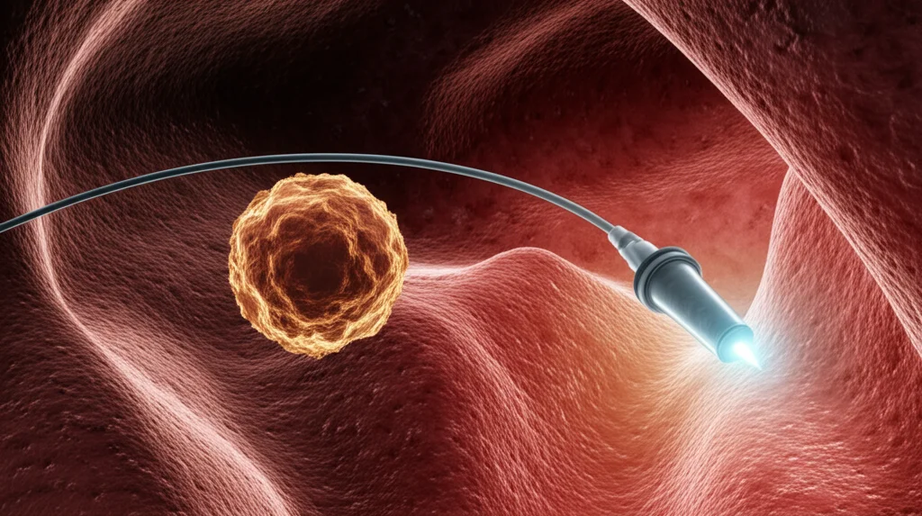 Visualizzazione medica 3D fotorealistica che mostra un microcatetere mentre infonde farmaci immunoterapici direttamente nell'arteria bronchiale che irrora un tumore polmonare. L'immagine evidenzia la precisione del targeting tumorale. Obiettivo macro virtuale, 85mm, illuminazione drammatica per enfatizzare il tumore e il catetere, alta definizione dei dettagli vascolari e tissutali.