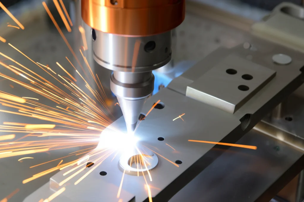 Fotografia d'azione, obiettivo tele zoom 100mm, che cattura l'ugello di un sistema Cold Spray mentre spruzza particelle di alluminio su un componente metallico complesso in lega Ti-6Al-4V (prodotto con EBM). Scintille controllate o un leggero alone luminoso attorno al pezzo suggeriscono il calore residuo o l'imminente riscaldamento a induzione. Movimento tracciato, alta velocità dell'otturatore per congelare le particelle in volo.