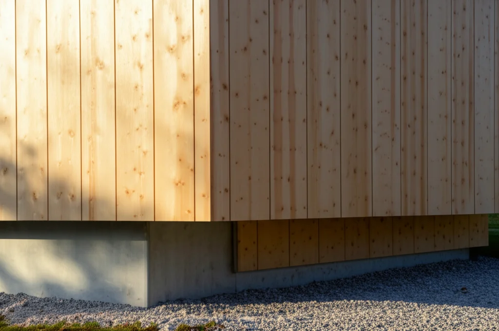 Fotografia grandangolare di una moderna struttura architettonica realizzata con pannelli CLT in legno Sugi, obiettivo 20mm, luce naturale del tardo pomeriggio che crea ombre lunghe, messa a fuoco nitida sull'intera struttura, evidenziando la bellezza e la sostenibilità del materiale.