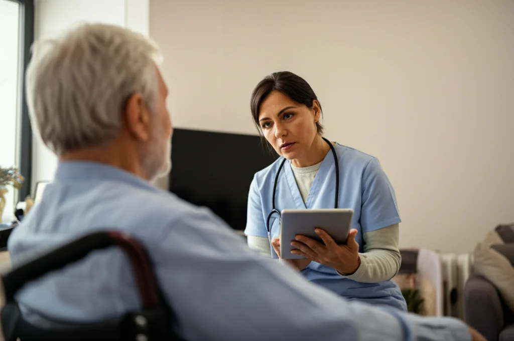 Fotografia realistica di un caregiver, donna di circa 50 anni, che assiste un paziente anziano a casa. La donna ha un'espressione concentrata ma stanca mentre consulta un tablet con informazioni mediche. Luce naturale morbida da una finestra laterale, obiettivo 50mm, profondità di campo media che mostra l'ambiente domestico accogliente ma funzionale.