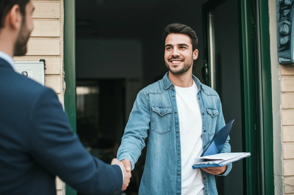 Fotografia realistica di una persona sorridente che stringe la mano a un datore di lavoro all'ingresso di un piccolo negozio o ufficio in una città iraniana. Scena diurna, luce naturale. Obiettivo 35mm, profondità di campo media, colori naturali ma leggermente caldi, espressioni positive. Simboleggia il successo dell'inserimento lavorativo tramite IPS.
