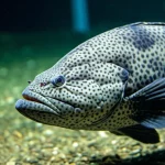 Fotografia subacquea di una cernia ibrida BC1 (reincrocio tra KT e Epinephelus lanceolatus) in un ambiente di acquacoltura controllato. Obiettivo prime 35mm, luce subacquea soffusa che evidenzia le squame e i pattern distintivi del pesce, profondità di campo ridotta per isolare il soggetto dal fondale della vasca, colori naturali e vivaci.