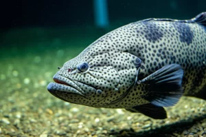 Fotografia subacquea di una cernia ibrida BC1 (reincrocio tra KT e Epinephelus lanceolatus) in un ambiente di acquacoltura controllato. Obiettivo prime 35mm, luce subacquea soffusa che evidenzia le squame e i pattern distintivi del pesce, profondità di campo ridotta per isolare il soggetto dal fondale della vasca, colori naturali e vivaci.