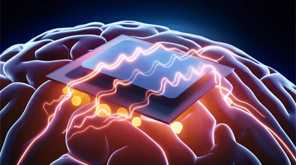 Illustrazione fotorealistica concettuale che mostra un'interfaccia neurale trasparente FPE-PEDOT posizionata delicatamente sulla superficie di un cervello stilizzato, con luce che passa attraverso l'interfaccia per rivelare i neuroni sottostanti e contemporaneamente linee di segnale elettrico pulite che emanano da essa. Obiettivo prime 35mm, profondità di campo.