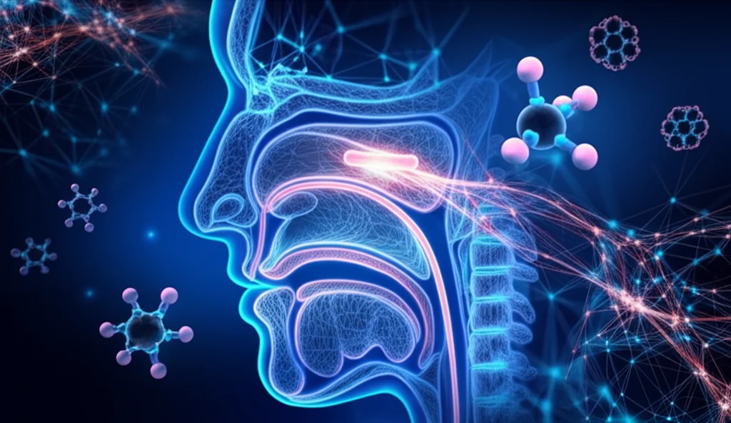 Immagine concettuale che fonde una rappresentazione stilizzata del nasofaringe con reti neurali luminose simboleggianti l'analisi genetica e l'immunoterapia, con molecole di taurina fluttuanti. Wide-angle lens, 24mm, sharp focus, illuminazione suggestiva, sfondo blu profondo.