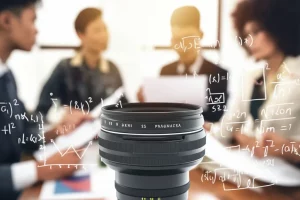 Immagine concettuale fotorealistica: una lente di una macchina fotografica (simbolo della 'lente pragmatica') messa a fuoco su un gruppo eterogeneo di persone (stakeholder) che discutono animatamente attorno a un tavolo, mentre sullo sfondo sfocato si intravedono grafici e formule complesse (simbolo della ricerca tradizionale). Obiettivo prime 50mm, profondità di campo ridotta, luce calda e inclusiva.