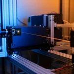Immagine fotorealistica di un fascio laser complesso (tipo Helmholtz-Gauss) che si propaga senza divergere da un apparato laser digitale avanzato con un SLM visibile. Simboleggia il controllo on-demand. Illuminazione high-tech, obiettivo prime 35mm, profondità di campo, colori vibranti blu e arancio (duotone).