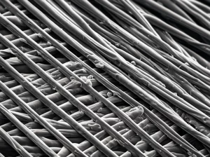 Macro fotografia, 100mm lens, di un tessuto futuristico intrecciato con fibre Ti3C2Tx grigio scuro scintillanti. Linee sottili e luminose percorrono le fibre, suggerendo conducibilità elettrica e termica. Dettagli elevati, illuminazione controllata e drammatica che enfatizza la natura high-tech del materiale.