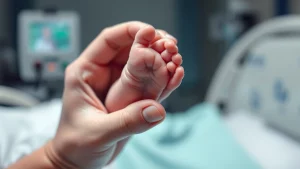 Primo piano fotorealistico di un minuscolo piedino di neonato tenuto delicatamente da una mano adulta in un ambiente ospedaliero, obiettivo macro 100mm, alta definizione, luce morbida, a simboleggiare la fragilità e la speranza della vita neonatale in terapia intensiva.